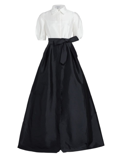 Teri Jon By Rickie Freeman Women's Puff-sleeve Taffeta Shirtwaist Gown In White Black