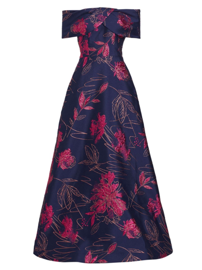 Teri Jon By Rickie Freeman Women's Floral Jacquard Off-the-shoulder Gown In Navy Multi