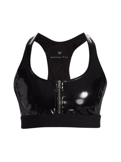 Heroine Sport Women's Patent Front-zip Sports Bra In Black Patent