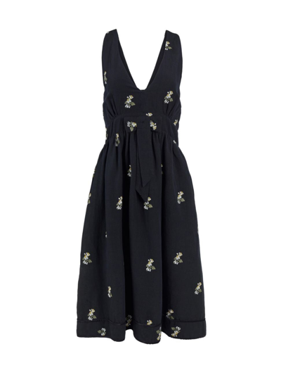 Secret Mission Maria Linen Embroidered Midi Dress In Black Multi