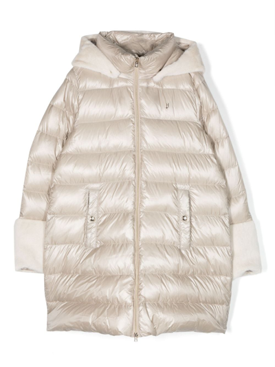 Herno Kids' Long-length Padded Hooded Jacket In Neutrals