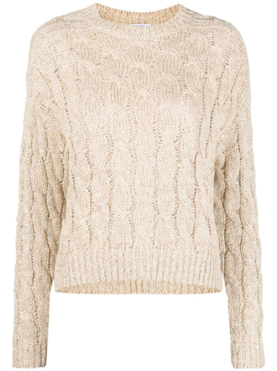 Brunello Cucinelli Linen Cable-knit Pullover With Paillette Detail In Beige