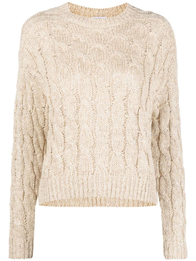 Brunello Cucinelli Linen Cable-knit Pullover With Paillette Detail In Biondo Stracciatella (beige)