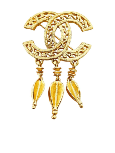 Pre-owned Chanel Cc Bead-embellished Brooch In Gold