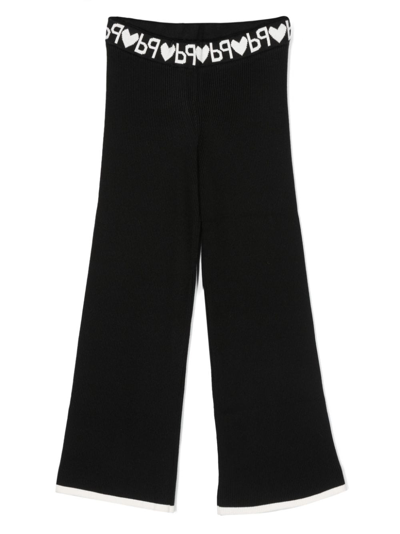 Pinko Kids' Logo-waistband Ribbed-knit Trousers In Black
