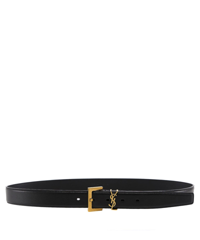 Saint Laurent Black Cassandre Buckle Textured Belt