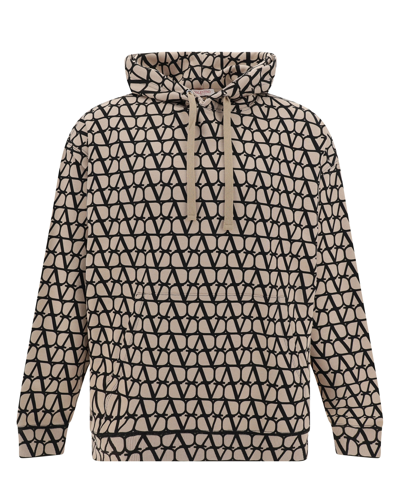 Valentino Men's Cotton Hooded Sweatshirt With Toile Iconographe Print In Beige/black