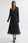 REISS MYA - NAVY PLEATED LONG SLEEVE MIDI DRESS, US 8