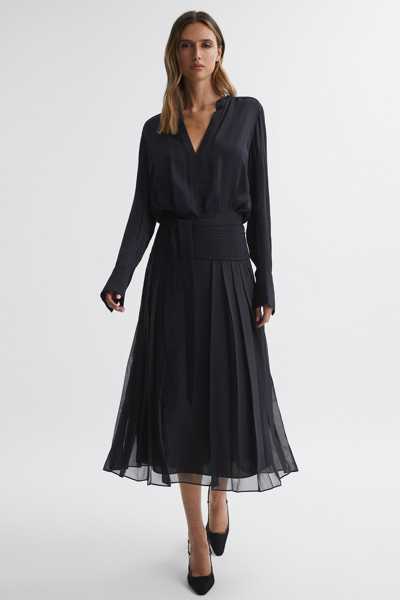 Reiss Mya - Navy Pleated Long Sleeve Midi Dress, Us 0