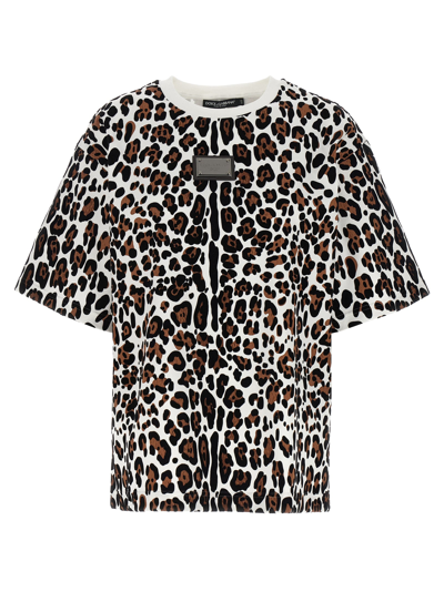 Dolce & Gabbana Animal Print Logo T-shirt With Round Neck In Multicolor