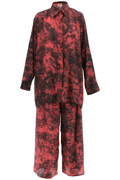 Sun Chasers 'shibori' Silk Shirt And Pants Set In Black,red