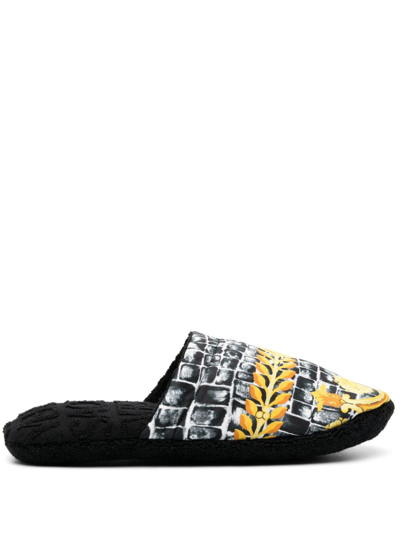 Versace Baroque-print Cotton Slippers In Black