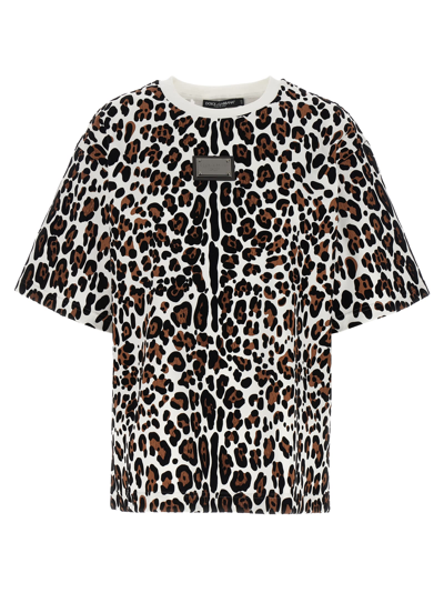 Dolce & Gabbana Animal Print Logo T-shirt With Round Neck In Multicolor