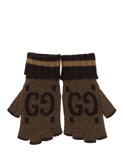 Gucci Gg Fingerless Gloves In Beige/dark Brown
