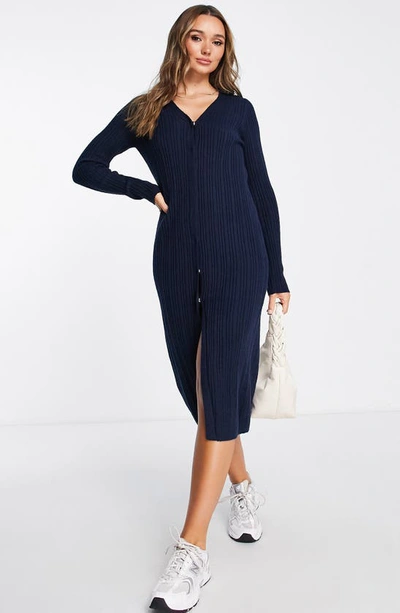 Asos Design Knit Midi Dress With Snap Front In Navy