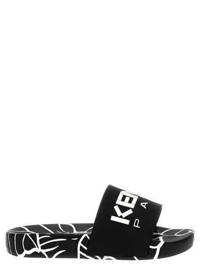 Kenzo Kids' All-over Print Logo Slippers In White/black