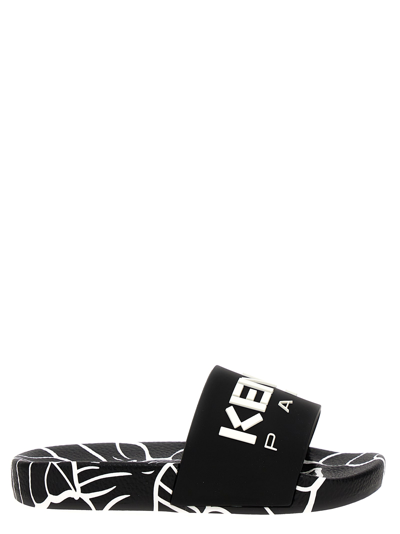 Kenzo Kids' All-over Print Logo Slippers In Black