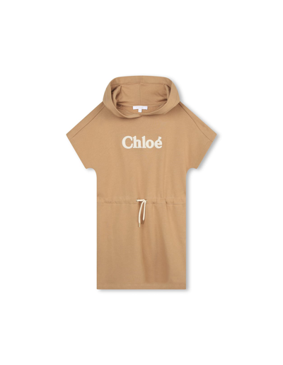 Chloé Kids' Logo-embroidered Organic-cotton Hooded Dress In Brown
