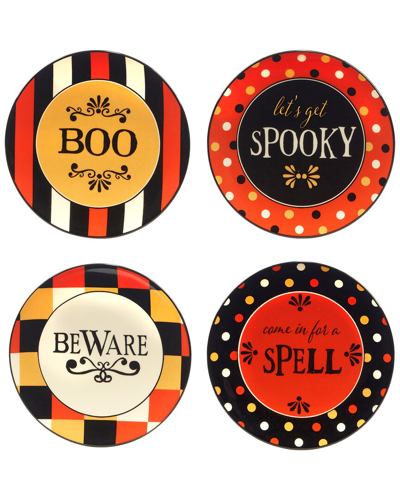 Certified International Spooky Halloween Set Of 4 Canape Plates, Service For 4 In Orange