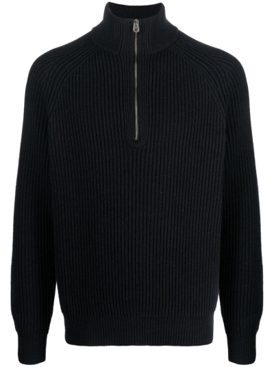 Fursac Half-zip Ribbed-knit Sweatshirt In Blue