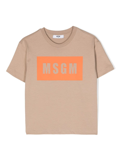 Msgm Kids' Logo-print Cotton T-shirt In Beige