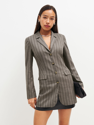 Reformation Jacques Long Fitted Blazer In Grey Pinstripe