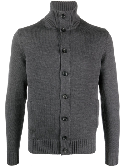 Zanone Funnel-neck Ribbed-knit Cardigan In Grey