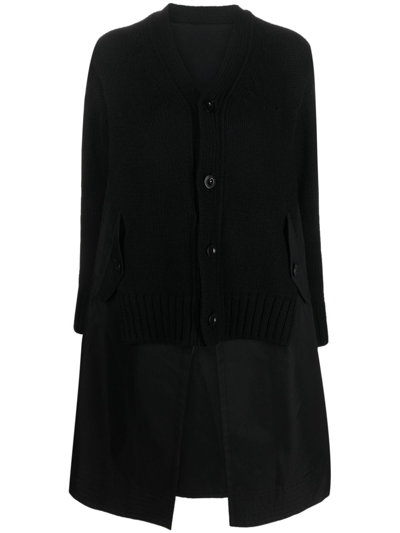 Sacai Layered Knitted Cardigan In Black