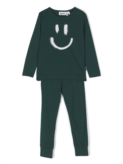 Molo Kids' Smiley Face-print Organic Cotton Pyjamas In Green
