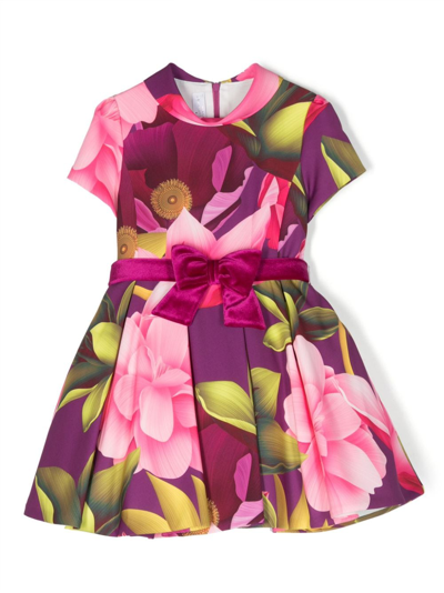 Colorichiari Kids' Floral-print Flared Dress In Pink