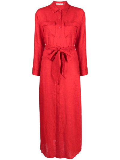 Alice And Olivia Keara Belted Linen Maxi Shirt Dress In Red