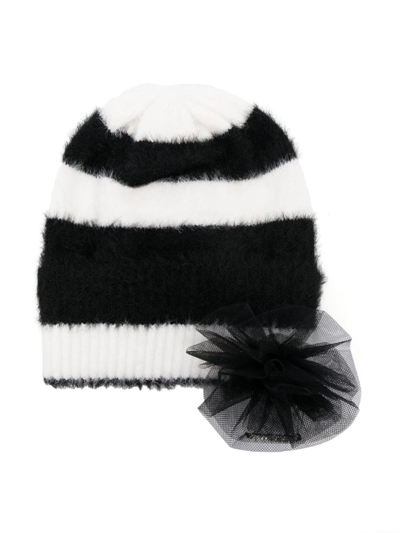 Twinset Kids' Tulle-detail Striped Beanie In White