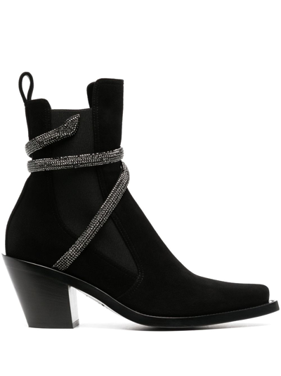 René Caovilla Suede Snake-wrap Chelsea Booties In Black