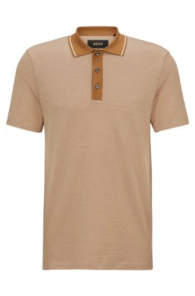 Hugo Boss Slim-fit Polo Shirt In Structured Cotton And Silk In Beige