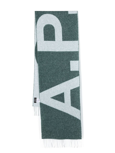 Apc Intarsia-knit Logo Scarf In Green