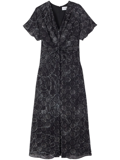 St John Wildflower Contour-print Twisted Textured Dot Midi Dress In Black Silver
