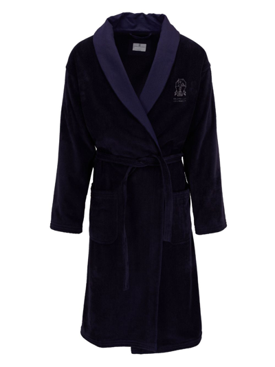 Brunello Cucinelli Logo-embroidered Linen-trimmed Cotton-terry Robe In Blue
