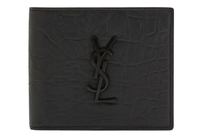 Pre-owned Saint Laurent Monogram Croc-embossed Leather Bi-fold Wallet Black