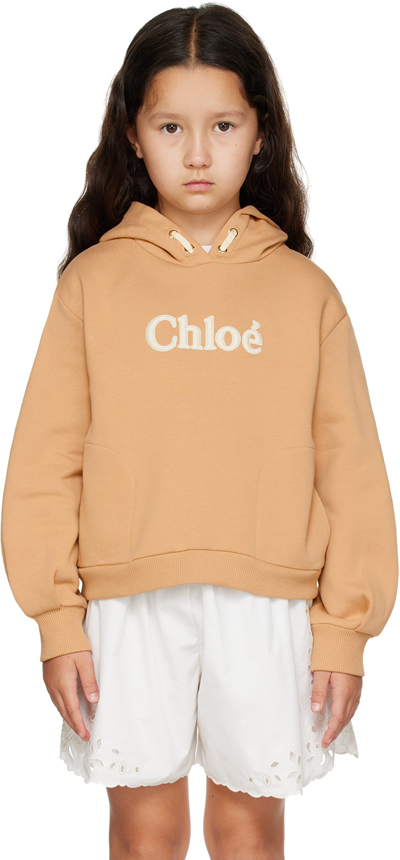 Chloé Kids Tan Embroidered Hoodie In Camel
