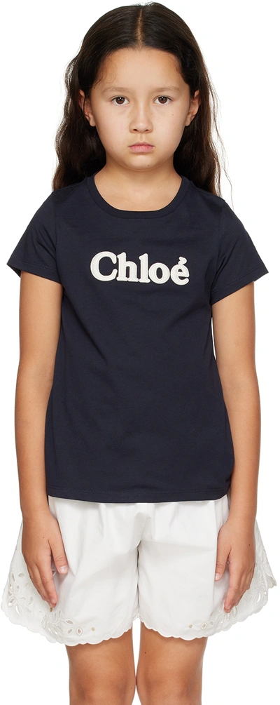 Chloé Kids Navy Embroidered T-shirt In 859 Navy