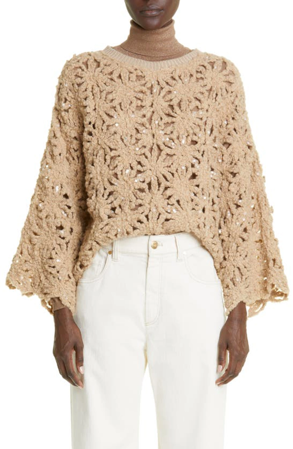Brunello Cucinelli Wool Winter Floral Crochet Sweater With