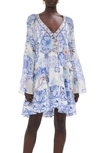 Camilla Crystal Detail Mixed Print Long Sleeve Silk Babydoll Dress In Paint Me Positano
