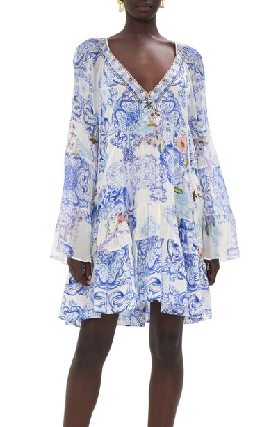 Camilla Crystal Detail Mixed Print Long Sleeve Silk Babydoll Dress In Blue/white