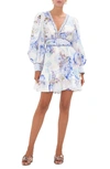 CAMILLA CRYSTAL DETAIL MIXED PRINT LONG SLEEVE LINEN DRESS