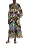 CAMILLA BEADED MIXED PRINT LONG SLEEVE SILK MAXI DRESS