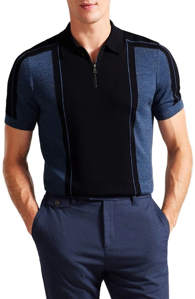 Ted Baker Jesty Colorblock Quarter Zip Wool Polo Sweater In Navy
