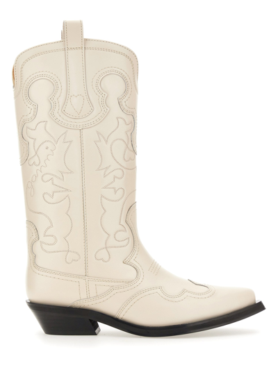 Ganni White Mid Shaft Embroidered Western Boots