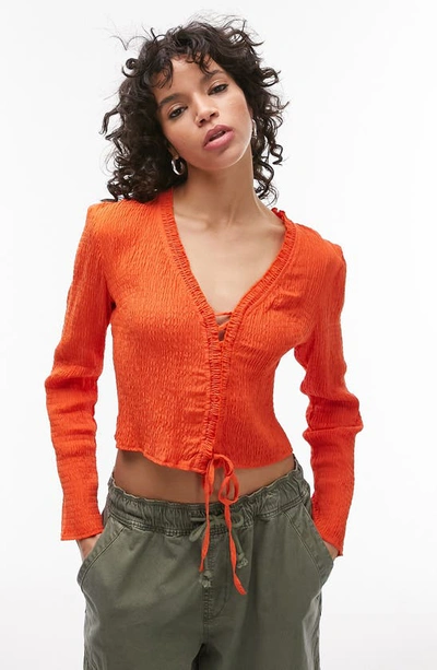 Topshop Long Sleeve Lace Up Textured Top In Orange