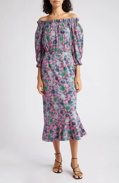 Saloni Grace Print Silk Off The Shoulder Dress In 1493-lotus Leaves