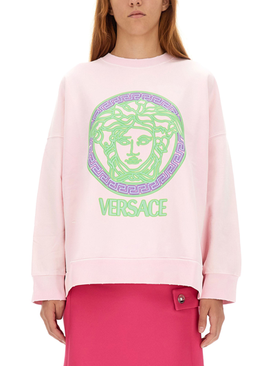 Versace Sweatshirt Sweatshirt Fabric Series Neon Effect Logo Print In Pink